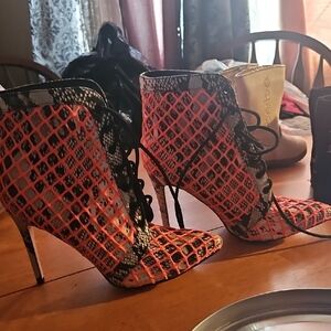 Hot Pink Snake-Print Lace-Up Stiletto Booties